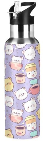 Süßer Dicker Bär Lila Trinkflasche Wasserflasche mit Strohhalm für Sport, 600ML Thermosflasche BPA-frei Isolierflasche Edelstahl 18/8 für Kinder Wandern Schule