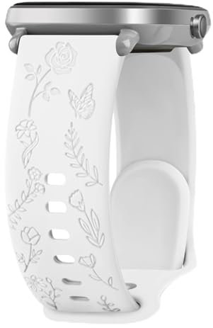 Quick Release Rose Butterfly Engraved Strap for Smart Watch Straps 20mm Women,Silicone Sport Replacement Strap with Silver Plated Stainless Steel Buckle for Samsung Galaxy/Garmin/Fossil/Amazfit(White)