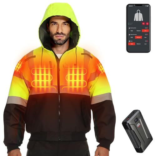 KEMIMOTO 65℃ Beheizbare Warnschutzjacke mit 20000mAh Akku, 3 IN1 & Wasserdichte und Winddichte Reflektierende Pilotenjacke für Winter Outdoor, Beheizte Hi-Vis Arbeitsjacke mit 7 Heizzonen