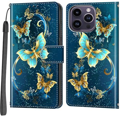 Salanheo Wallet Case for iPhone 14 Pro Max, Golden Green Butterfly | Card Slots, Kickstand, Shockproof, Magnetic Closure, PU Leather, Flip Wallet Book, Lanyard Strap