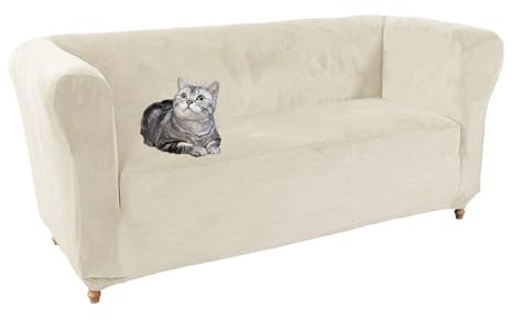 Samt-Stretch-Sofa-Schonbezug, Beige, 3-teiliges Sofa-Bezug-Set, waschbar, Möbelschutz, Chesterfield-Sofa-Schonbezüge für geschwungene Sofas