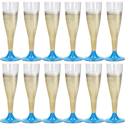Sicignano | Set 12 Calici Flute in Plastica Trasparente con Piedini Colore Azzurro 10cl – Bicchieri Lavabili Ideali per Feste Brindisi Celebrazioni – Perfetti per Champagne Prosecco Cocktail