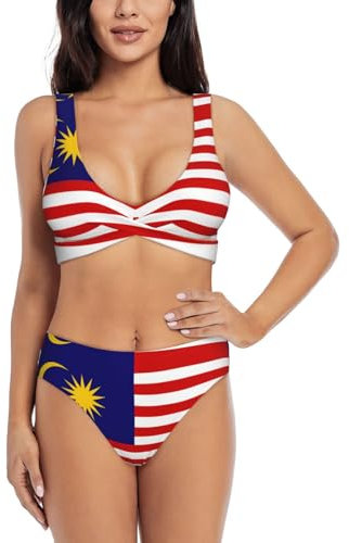 Maillot de bain deux pièces taille haute imprimé drapeau de la Malaisie, bikini pour femme, bikini triangle à coupe haute, Noir , XXL
