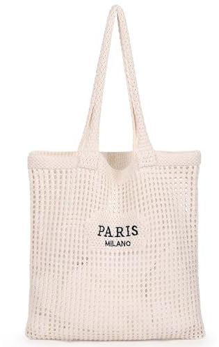 Sightor Häkel-Tragetasche, Netzstoff, Strandtasche, Strick, Sommer, Hobo-Tasche, Urlaub, Boho-Tragetasche für Damen, Apricot Paris, Medium, Boho