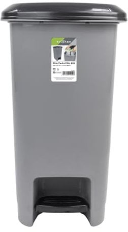JVL Slim Plastic Lidded Foot Pedal Waste Bin, 40L, Grey