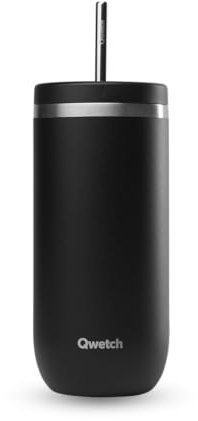QWETCH – Vaso Térmico Cold Cup 600ml con Pajita Inox Negro – 24h Bebidas Heladas – Acero Inox Reciclado – Antisalpicaduras – Ideal para Café Frío, Bubble Tea y Agua Saborizada