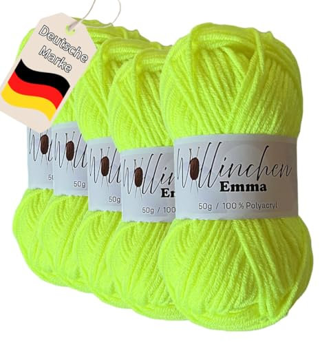 Wollinchen Wolle Emma - 5 x 50g - leuchtende Farben, Babywolle, Wolle zum Stricken, Häkeln, Knüpfen oder Basteln (Neongelb)