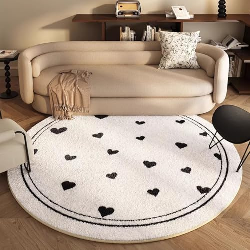 Freyamy Teppich Rund 120cm Schwarz Weiße Herz Liebe Teppiche Modern Designer für Wohnzimmer Outdoor Teppich Rund Dekorative Schlafzimmer Kurzer Plüsch Terrassen Runder Haustierteppich
