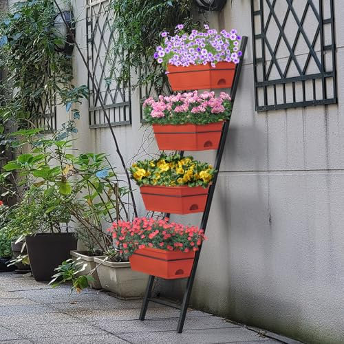 4 Tier Vertical Raised Garden Bed, Elevated Garden Planters,Indoor Outdoor Raised Planter Box with Ladder Design,Planter Box for Plant Herbs Flowers Vegetables Red