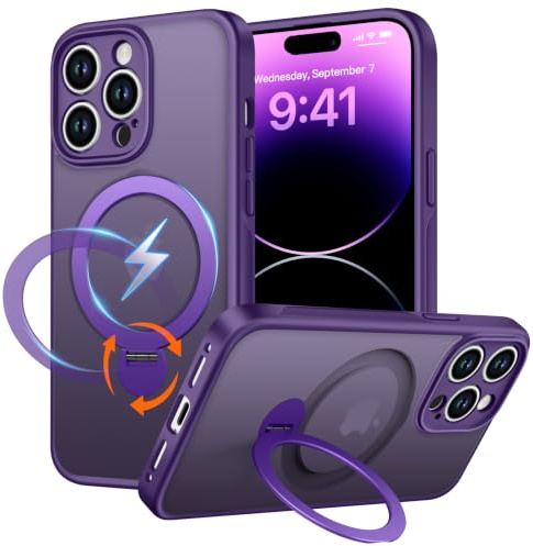 PuyaTeya Magnet-Ständer 360° für iPhone 14 pro Hülle, Matt-Violett | Kompatibel mit Magnetischer 16FT Military Drop Protection, Anti-Kratzer/Fingerabdruck Handyhülle für iPhone 14 pro