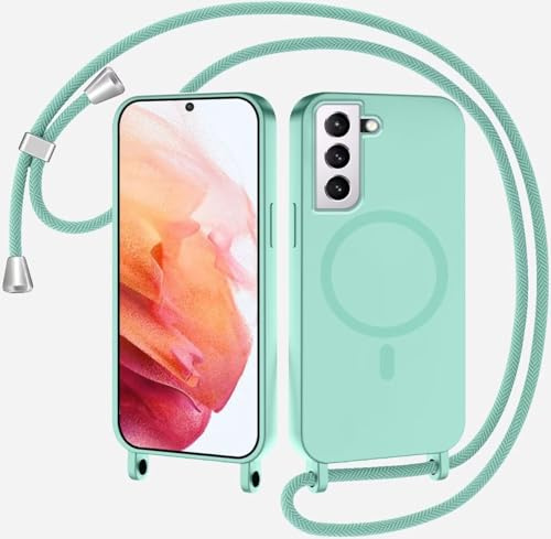 xinyunew Coque Magnétique pour Samsung Galaxy S22 Plus avec Cordon, Compatible avec MagSafe Collier Étui Silicone Liquide avec Tour de Cou Lanière en Corde Souple TPU Antichoc Housse,Vert Clair