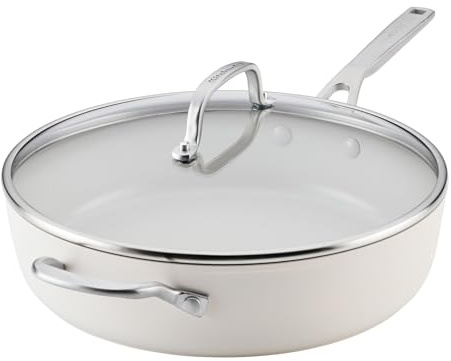 KitchenAid Hard Anodized Ceramic Induction Nonstick Cookware Saute Pan/Jumbo Cooker with Lid and Helper Handle, Dishwasher Safe, 5 Quart Sauteuse with Stainless Steel Handles - Porcelain White