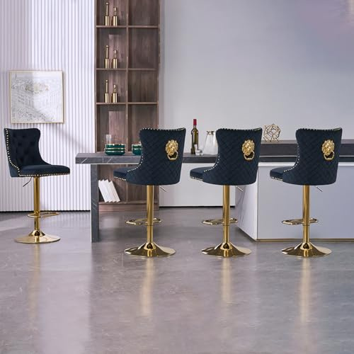 KHISCHMO Set of 2 Luxury Velvet Bar Stools, 360° Swivel Adjustable Counter Height Chairs with Lion Knocker, Gold Metal Base, Upholstered Breakfast Stools for Kitchen Island Bar, Golden Black