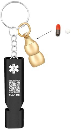 Tobestu Porte-clés médical QR Code – Sifflet de sécurité compact avec pilulier pour usage EDC YA6000