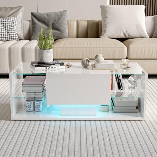 WSOFZMO Couchtisch WeiB Hochglanz, Schwebe Couchtischschwarz, Couchtisch Glas mit LED, Wohnzimmertische mit offenem Regal und Schubladen, 100 x 50 x 35cm (Weiß)