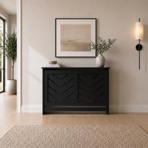 DuraTherm® Arrow Radiator Cover Black Modern Chevron Slat Shelves MDF Cabinet Shelf for Radiators, Living Rooms, Bedrooms, Medium (W: 111.5cm / H: 81.5cm / D: 21cm)