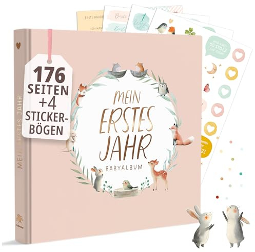 Mein erstes Jahr Babyalbum | PREMIUM Erinnerungsbuch Baby | Hochwertiges Fotoalbum Baby mit Goldprägung I 176 Seiten Baby Tagebuch I Geschenk zur Geburt für Mädchen und Junge - Babygeschenke (Rosa)