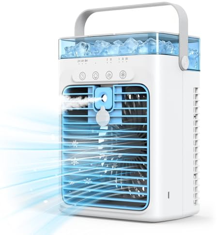 Mobile Klimaanlage, Tragbare Luftkühler mit 1L Wassetank, 3 Geschwindigkeiten & Sprühmodus, Klimaanlage ohne Abluftschlauch, Klimageräte Persönlich Ventilator für Zimmer, Camping