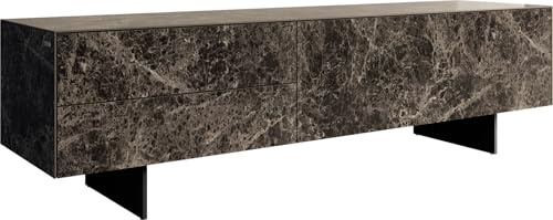 DeLife Table-TV Cuor Céramique Emperador Extra Lucidato Brun foncé 180 cm 1 Clapet 2 Tiroirs Pied Optique Flottant Métal Noir Meuble-TV