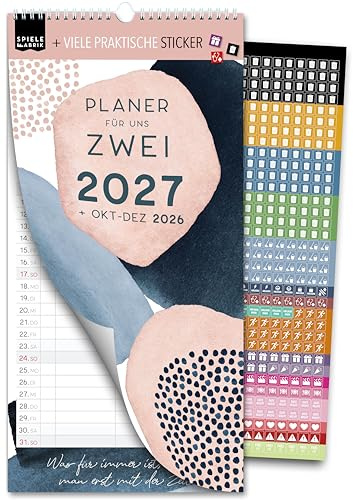 Spielefabrik® Paarkalender 2027 3 Spalten Paarplaner 16 x 32,5 cm PASTELL Planer für Zwei Der Kalender für 2 Personen mit Sprüchen rund um die Liebe Wandplaner für Paare inkl. 528 Sticker