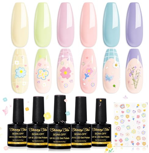 Shining She Gel Nail Polish Pastel, 6 Colours Butter Yellow Green Pink Peach Blue Purple Macaron Gel Polish, Spring Summer Soak-Off UV Nail Polish with Floral Nail Art Stickers for Nail Art Design,8ML