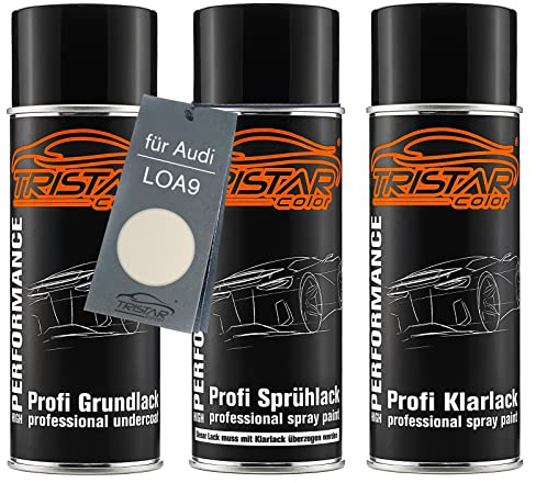 TRISTARcolor Autolack Spraydosen Set für Audi LOA9 Perlmuttweiss Metallic/Perlmutt Weiss Metallic Grundlack Basislack Klarlack Sprühdose 400ml