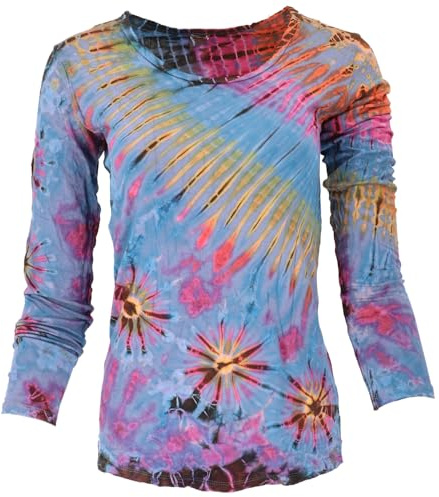 GURU SHOP Unikat Batik Shirt, Boho Langarmshirt - Hellblau, Damen