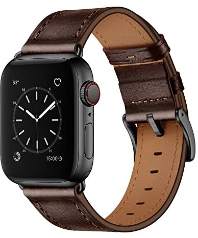OUHENG Cinturino di ricambio compatibile con Apple Watch 38 mm, 42 mm, 40 mm, 44 mm, in vera pelle, compatibile con Apple Watch Serie 5, Serie 4, Serie 3, Serie 2, Serie 1. 42mm/44mm Marrone scuro