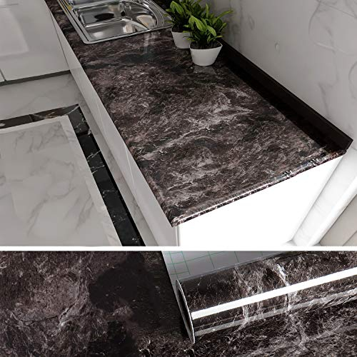 VEELIKE Papel Pintado Autoadhesivo Adhesivo Marmol Cocina Lavable Papel Adhesivo Mármol Negro y Marrón para Encimera de Cocina Papel Pared Mármol para Puertas de Armario Dormitorio Baño 40cm x 300cm