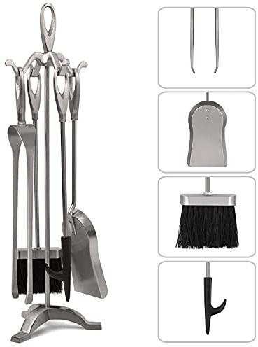 Amagabeli 5 Stück Kaminbesteck Set mit Ständer - Modernes Kaminzubehör Schwarz mit Holzgriff | Komplett-Set (Schürhaken, Schaufel, Besen) | Sofort einsatzbereit für Kaminofen & Feuerstelle