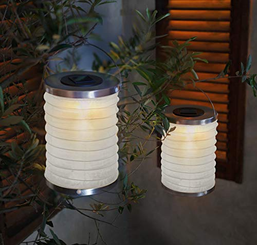 Dekoleidenschaft 2x Solar LED Lampion, weiß, Gartenlampe wetterfest, Laterne, Campinglaterne, Dekoleuchte, Hängelaterne, Solarleuchte, Gartenlampion, Dekolampe für Terrasse, Balkon & Garten