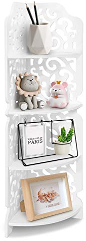 Ejoyous Eckregal Weiß Stehend 4 Ebenen Eckbücherregal aus Holz Küche Eckregal Wohnzimmer Möbel Wandeckregale Multifunktional Eckschrank für Schlafzimmer Büro Arbeitszimmer Badezimmer