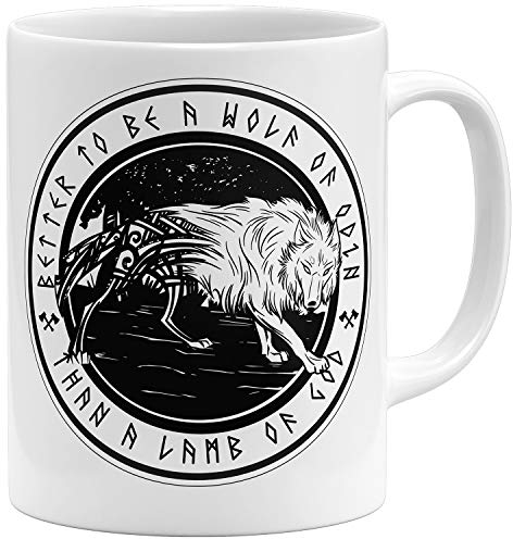 OM3® Vikings Wolf of Odin Tasse à café Viking - En céramique - 325 ml - Imprimé des deux côtés - Blanc