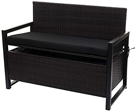 Mendler Poly-Rattan 2er Sitzbank HWC-F39AM - braun, Kissen schwarz | Gartenbank, Truhenbank, Staufach, Aufbewahrung, Sitzkissen