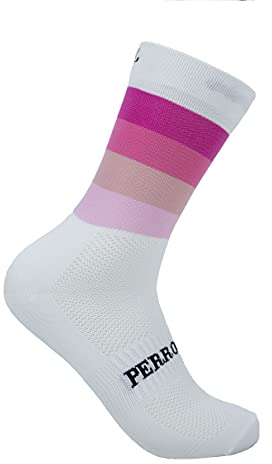 PERRO LOCO CLOTHES Calcetines de Ciclismo Edición Limitada. Hechos en España. Calcetines para Bici. (Widow 43 45 Blanco Rosa)