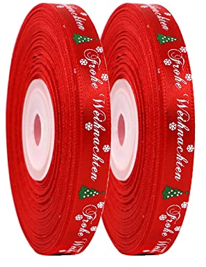 LOOGI 22m Schleifenband 10mm Satinband, Geschenkband Weihnachten Rot Dekoband Weihnachtsband Ripsband mit Frohe Weihnachten, 2er-Rolle