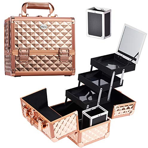 Kosmetikkoffer Schminkkoffer Leer mit Spiegel Alu Beauty Case mit Pinselhalter Abschließbarer Beauty Koffer, Rosegold