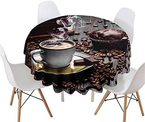 Highdi Rund Tischdecke Abwaschbar, 3D Kaffee Druck Wasserdicht Lotuseffekt Antifouling Rund Tischdecken Polyester Tischtuch für Küche Dekoration Garten (Durchmesser 90cm,Schokoladen Kaffee)