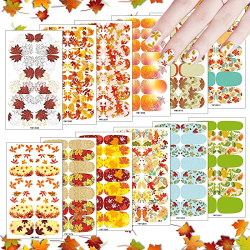12 Sheets Maple Leaf Fall Nail Wraps Stickers, Self-Adhesive Fall Nail Art Stickers Decals Nail Strips Polish Stickers for Women Girls Nail Design DIY Decoration