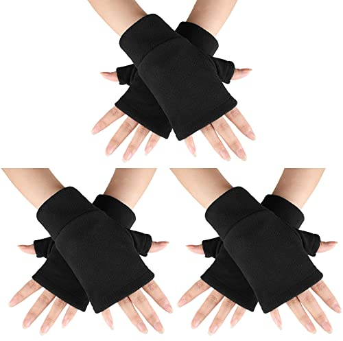 Bencailor 3 Paar Fingerlose Vlies Handschuhe mit Daumenloch Winter Warme Gemütliche Halbfinger Schreibhandschuhe Frauen (Schwarz)