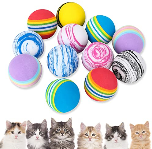 Lot de 12 balles interactives en mousse colorées pour chat, chaton, chien, chiot, entraînement sportif, activités intérieures et extérieures (A)