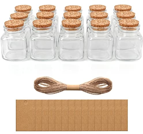 BELLE VOUS Lot de 15 Pot avec Bouchon Liege, Ficelle et Étiquettes - Mini Bocaux en Verre de 100 ml - Petit Bocal en Verre pour Mariage - Pot Verre Dragées, Vœux & Loisirs Créatifs