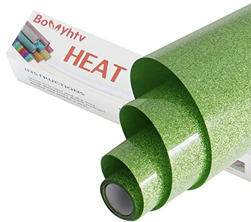 Bonnyhtv Apple Green Glitter HTV Heat Transfer Vinyl Roll, Glitter Iron on Vinyl for Cricut & Silhouette Cameo, 12 x 5ft Glitter Vinyl for Heat Transfer Vinyl for T-Shirts Gifts (Apple Green)