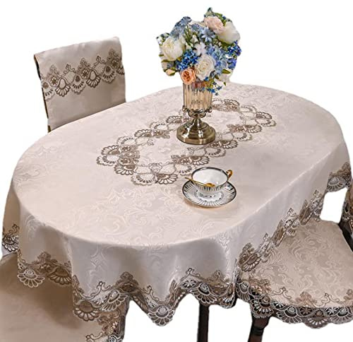 Yizunnu Vintage bestickte Spitzen-Tischdecke, ovale Tischdecke, luxuriöses Cutwork-Deckchen für Zuhause, Küche, Hotel, Party, TV-Schrank (Hellbraun, 130 x 175 cm)