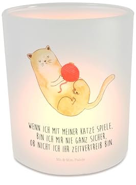 Mr. & Mrs. Panda Windlicht Katze Wolle - Geschenk, Kater, Windlicht Hochzeit, Katzenfan, Teelichthalter, süß, Katzenartikel, Teelichtglas,