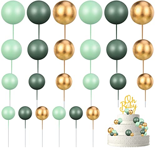 ALTcompluser 25 Stück Tortendeko Geburtstag Kugel Schaum Ball Torten Topper mit Gold Oh Baby Cake Topper DIY Kuchen Topper für Babyparty Geburtstag Hochzeit(Dunkelgrün/Grasgrün/Gold)