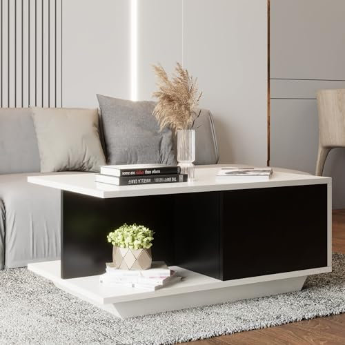 DF Table Basse de Salon, Moderne Table Salon avec Un Compartiment de Rangement Pratique, Finition de Plateau Blanc Brillant (Gloss Black)