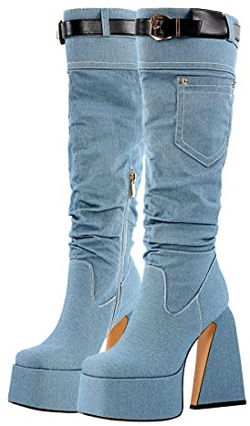 Only maker Stivali da donna con plateau, Azzurro, 42 EU