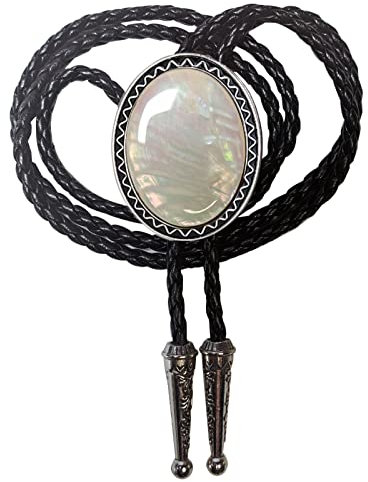 Himongoo Türkisfarbene Jade-Achat-Granit-Krawatte für Herren und Damen, Lederseil, Hochzeitskette, Western-Cowboy-Krawatte, Perlmutt, L