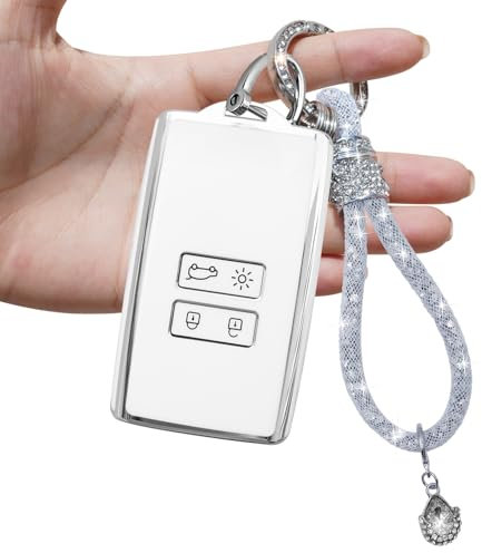 Yumzeco 4 Tasten Silicone TPU Autoschlüssel Hülle Cover mit glänzendem Diamant Schlüsselband, Kompatibel mit Renault Koleos Clio Megane Duster Kadjar, Auto Keyless Smartkey Schutzhülle-Weiß